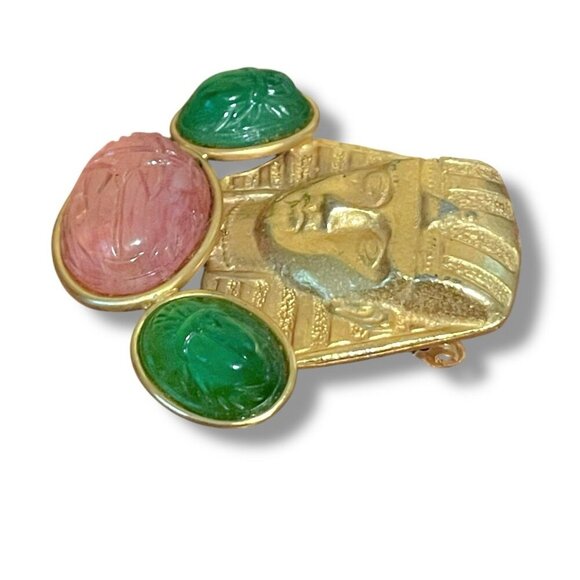 Vintage Alexis Kirk Egyptian Revival Brooch Unsigned Pharaoh Glass Scarab Pin - Picture 5 of 10